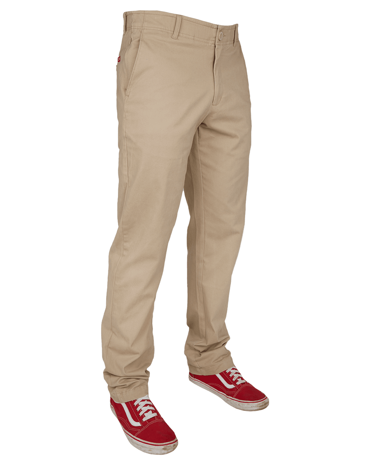 Dixxon Canada. Khaki Chino Pants. Side view of pants showcasing the slim fit, straight leg, and minimal branding on a wrinkle-resistant fabric.
