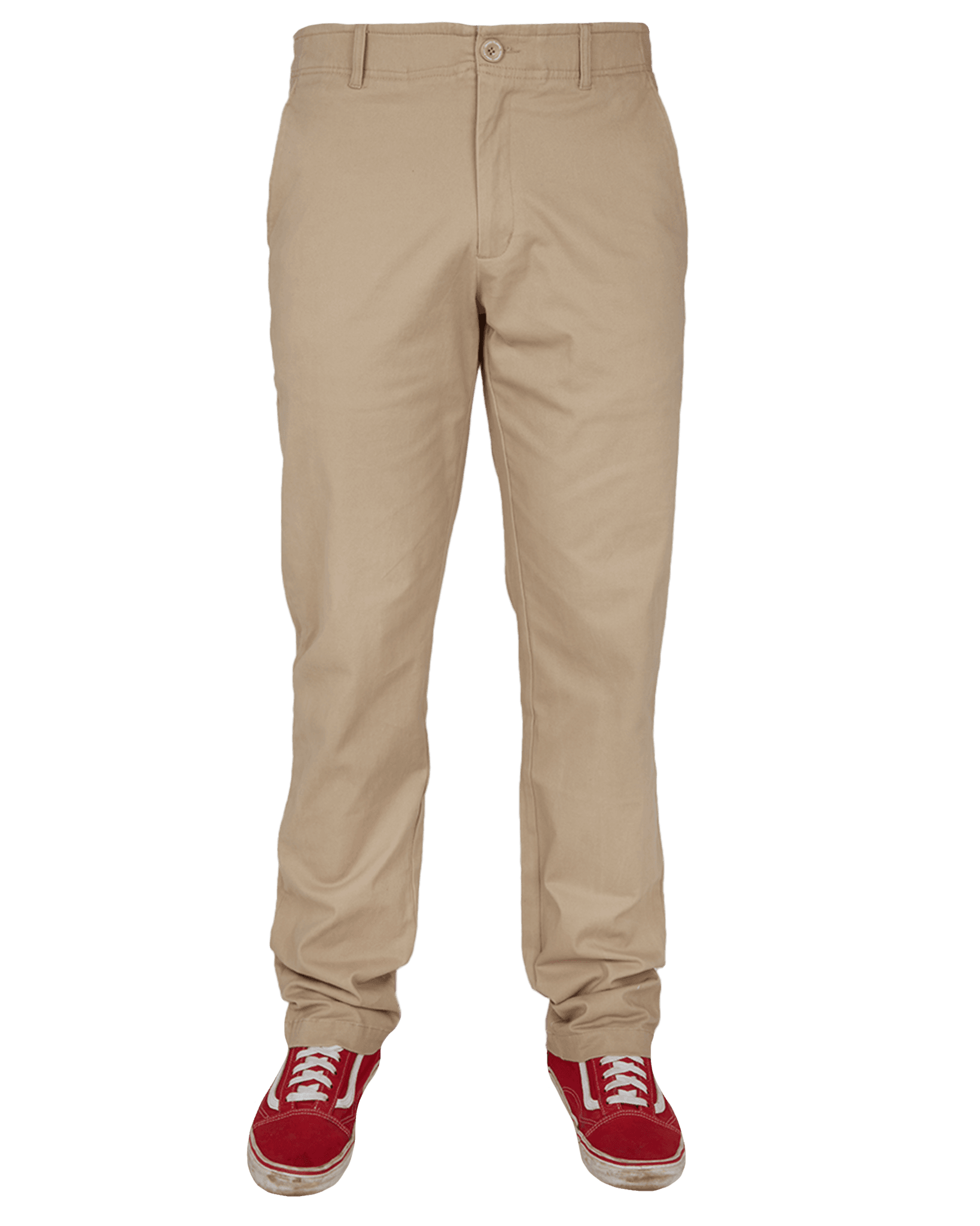 Dixxon Canada. Khaki Chino Pants. Model standing straight, showcasing the front design with a slim-fit seat, straight-leg cut, and tunnel belt loops.