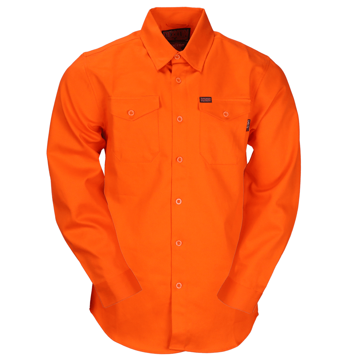 Dixxon Canada. Workforce FR Flannel Safety Orange - Mens. Hi-vis orange men's FR flannel with flame-resistant melamine buttons, dual chest pockets, and extended sleeve plackets, made from an 88% cotton/12% nylon blend.