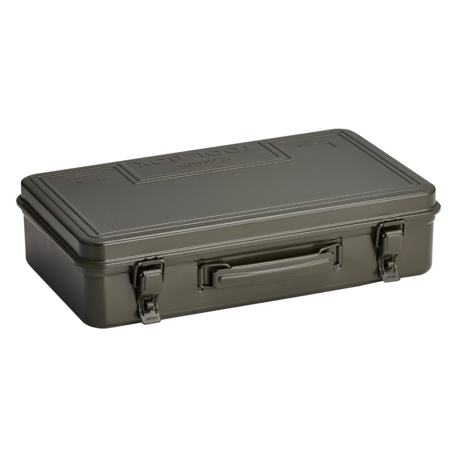 Toyo Steel T-360 Moss Green. Compact glossy moss green steel toolbox with seamless construction and a round handle, designed for durability and secure storage. 1.6kg.