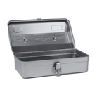Toyo Steel Camber Top Y-280 Silver. Open lid reveals a spacious interior of glossy silver steel, featuring a round handle and camber-top design. 1.1kg.