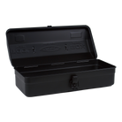 Toyo Steel Y-350 Black. Open lid reveals a spacious interior with a glossy black steel finish, featuring a round handle and camber-top design. 1.3kg.